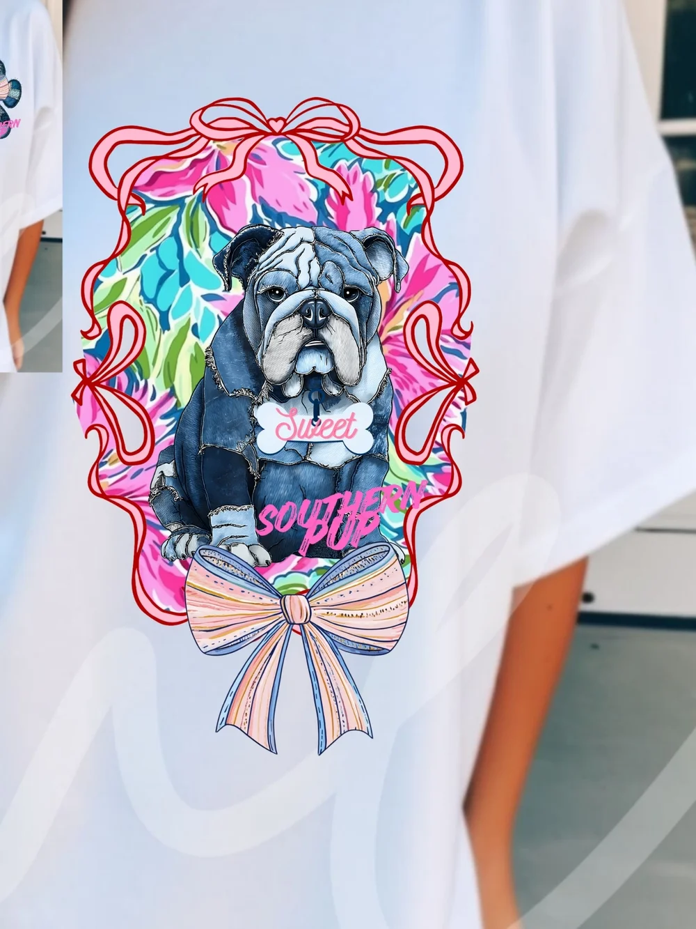 Gildan White Tee with Denim Patch Paw & Pastel Bow - Picture 11 of 16